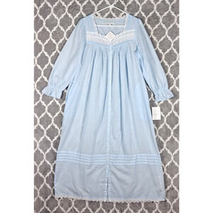 Eileen West Nightgown Women Small Blue Cotton Lace Trim Button Front Long